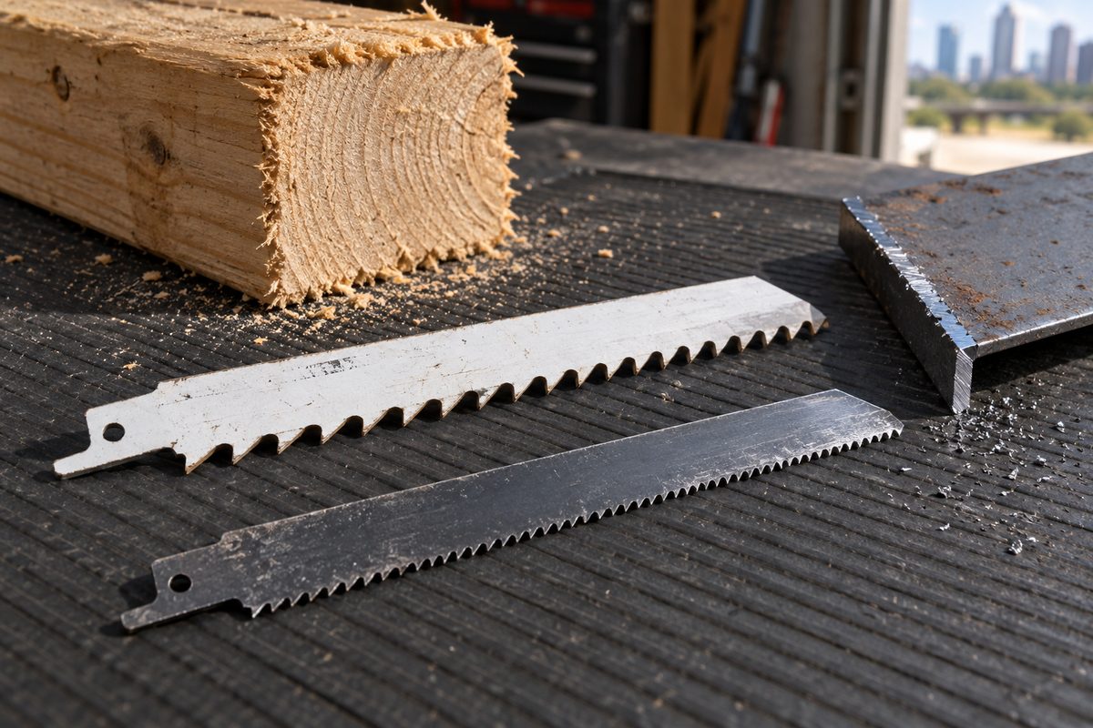 Reciprocating saw blade teeth beside a cut timber edge