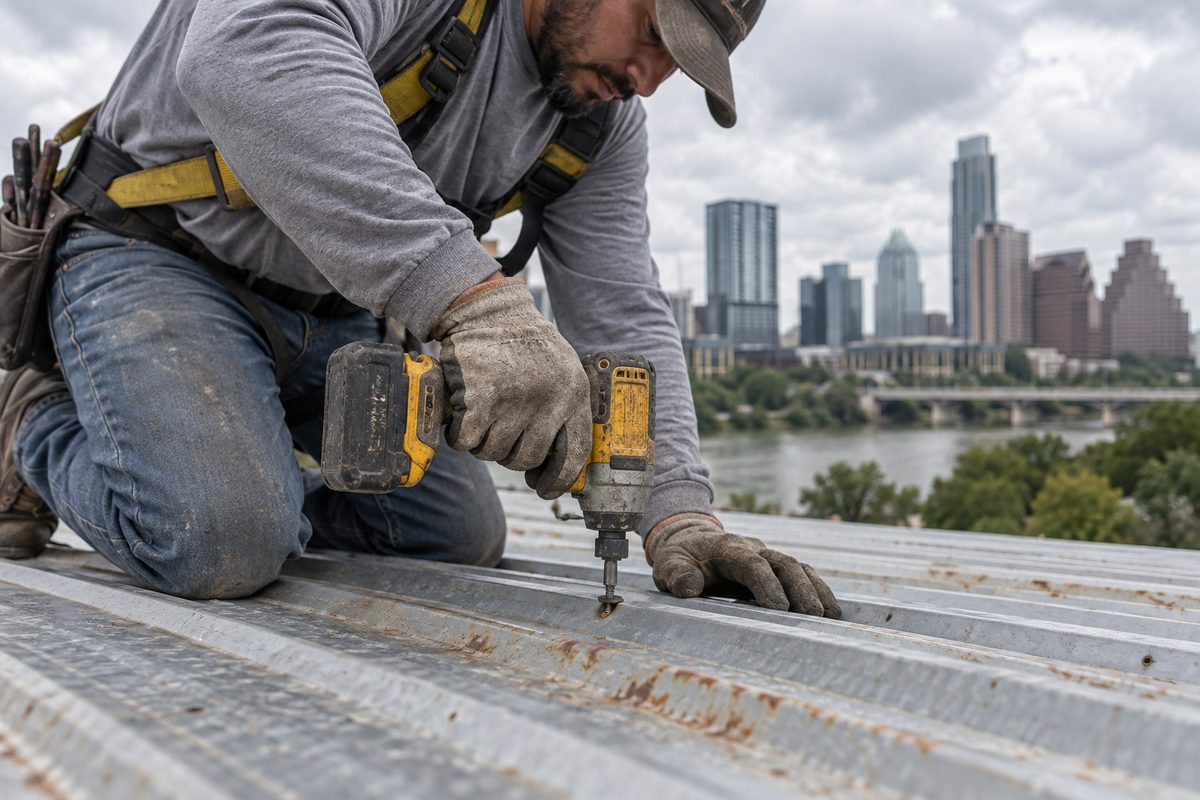 Roofer fitting a washer-backed screw through corrugated sheet
